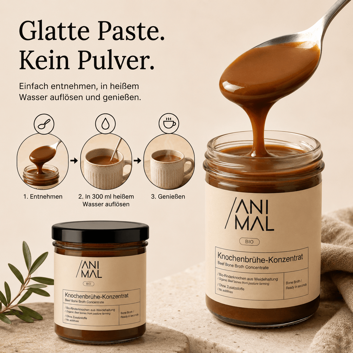 220 g Animal Based Knochenbrühe-Konzentrat ergeben ca. 4,4 Liter Brühe und etwa 22 Portionen.