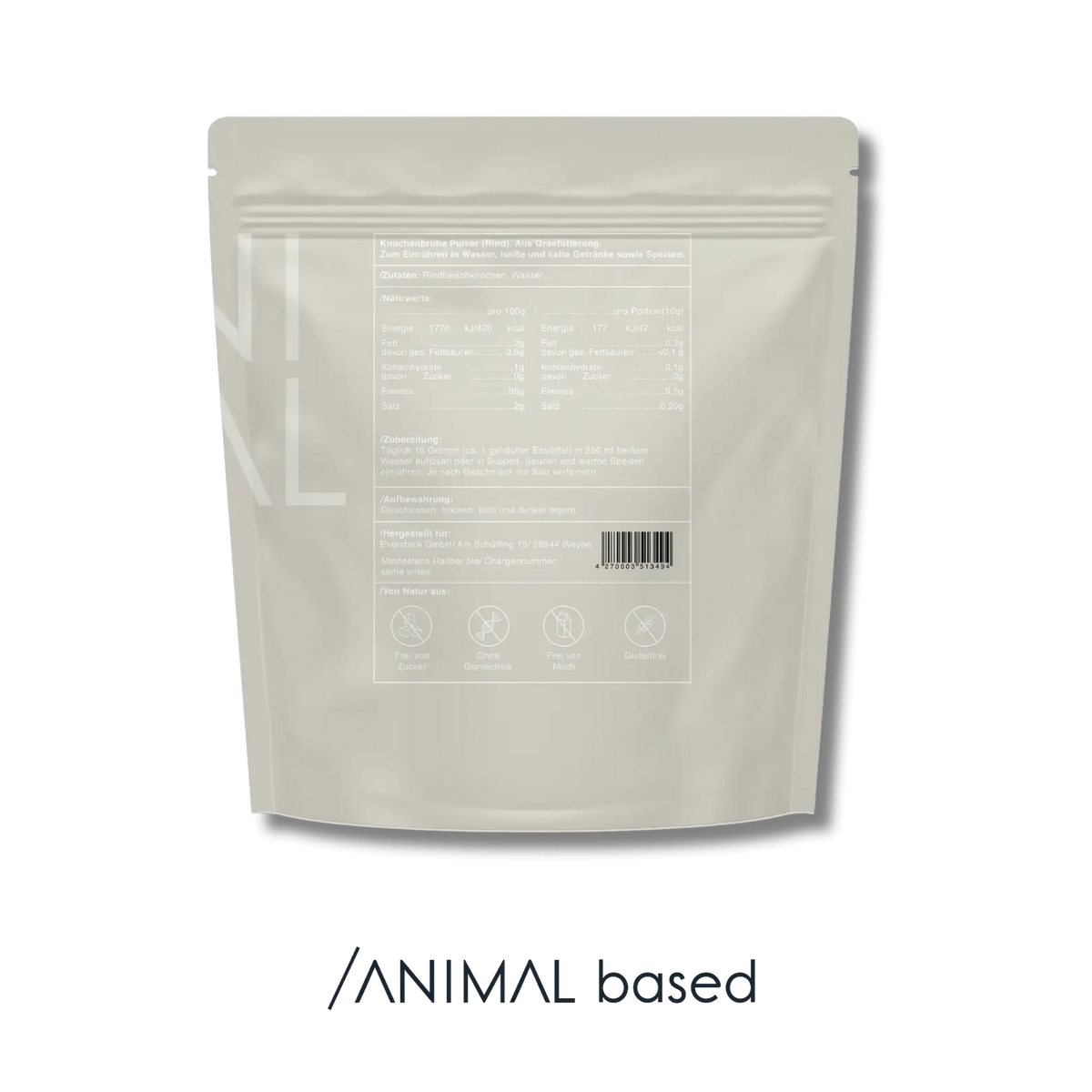 Darstellung der Naehrstoffe von Beef Bone Broth von Animal Based, 500 Gramm für 50 Portionen