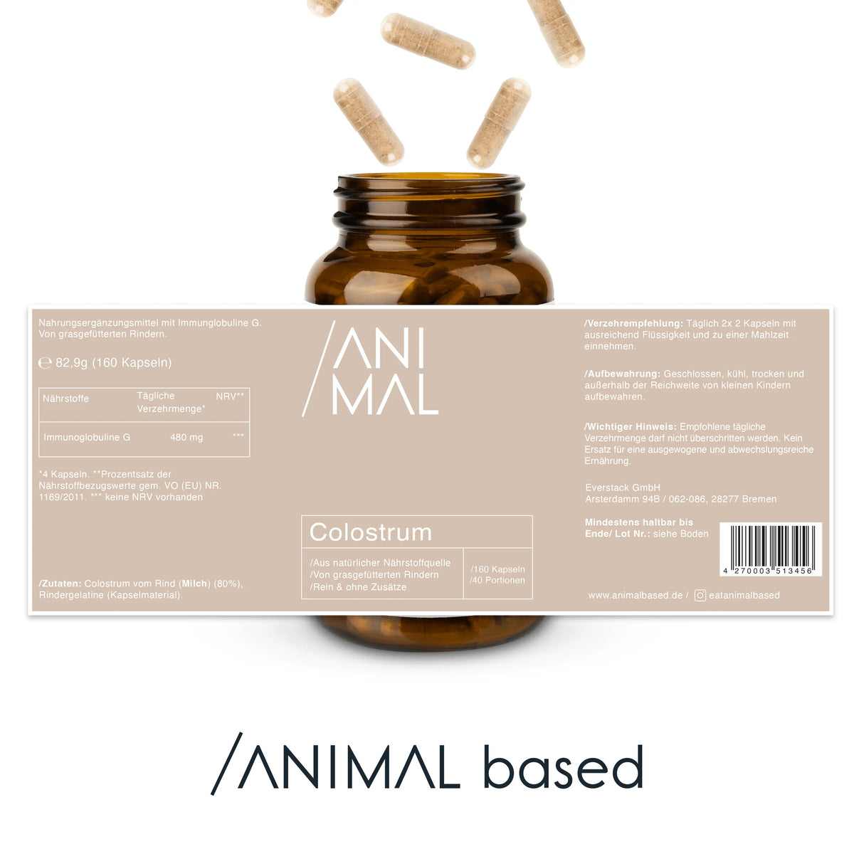 Darstellung der Naehrstoffe von Beef Colostrum Capsules von Animal Based, 240 Kapseln für 30 Portionen