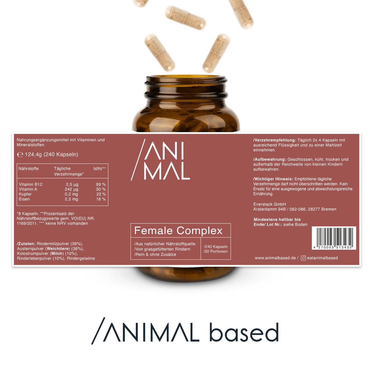 Darstellung der Naehrstoffe von Female Complex Capsules von Animal Based, 240 Kapseln für 30 Portionen
